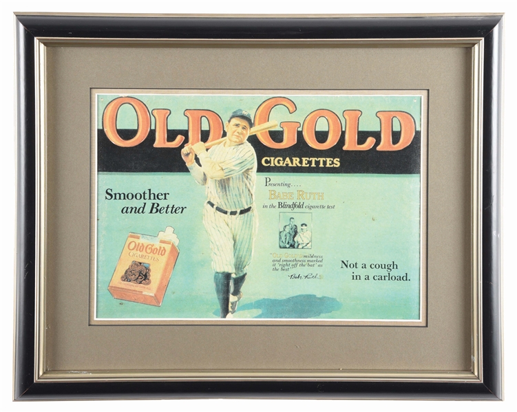 FRAMED OLD GOLD PAPER ADVERTISEMENT WITH BABE RUTH.