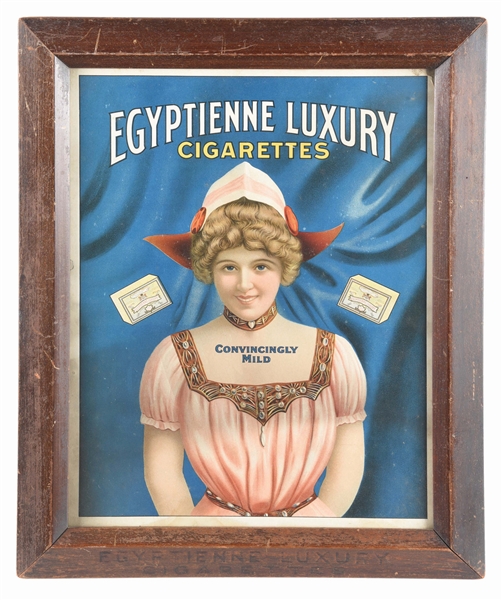 FRAMED HEAVY CARDBOARD ADVERTISEMENT FOR EGYPTIENNE LUXURY CIGARETTES.