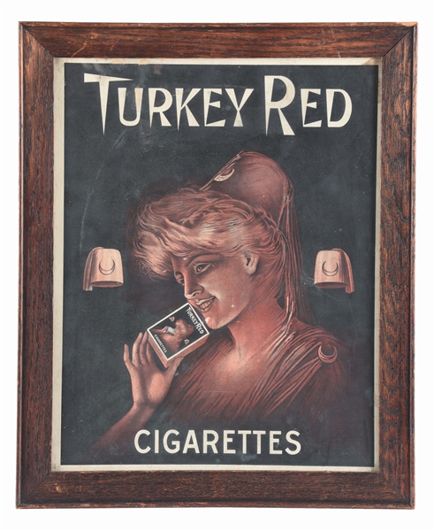 FRAMED CARDBOARD ADVERTISEMENT FOR TURKEY RED CIGARETTES.