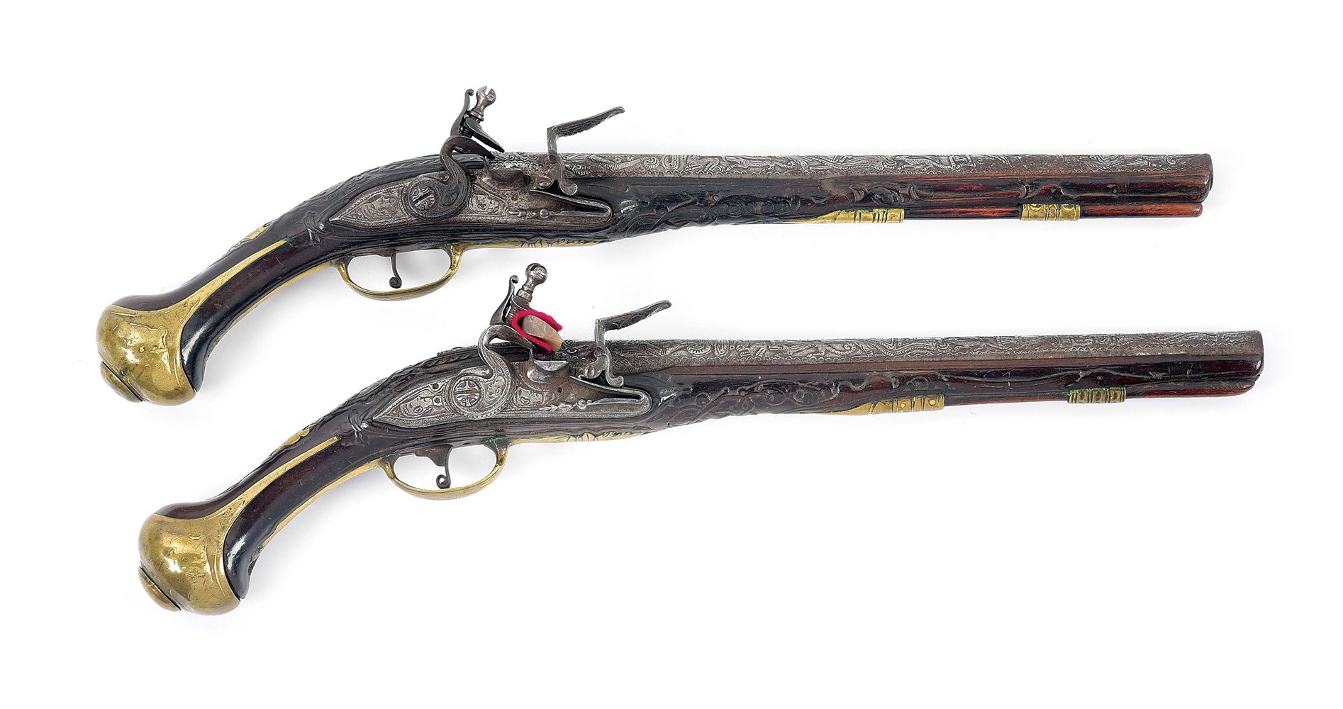 (A) PAIR OF FRENCH STYLE FLINTLOCK PISTOLS.