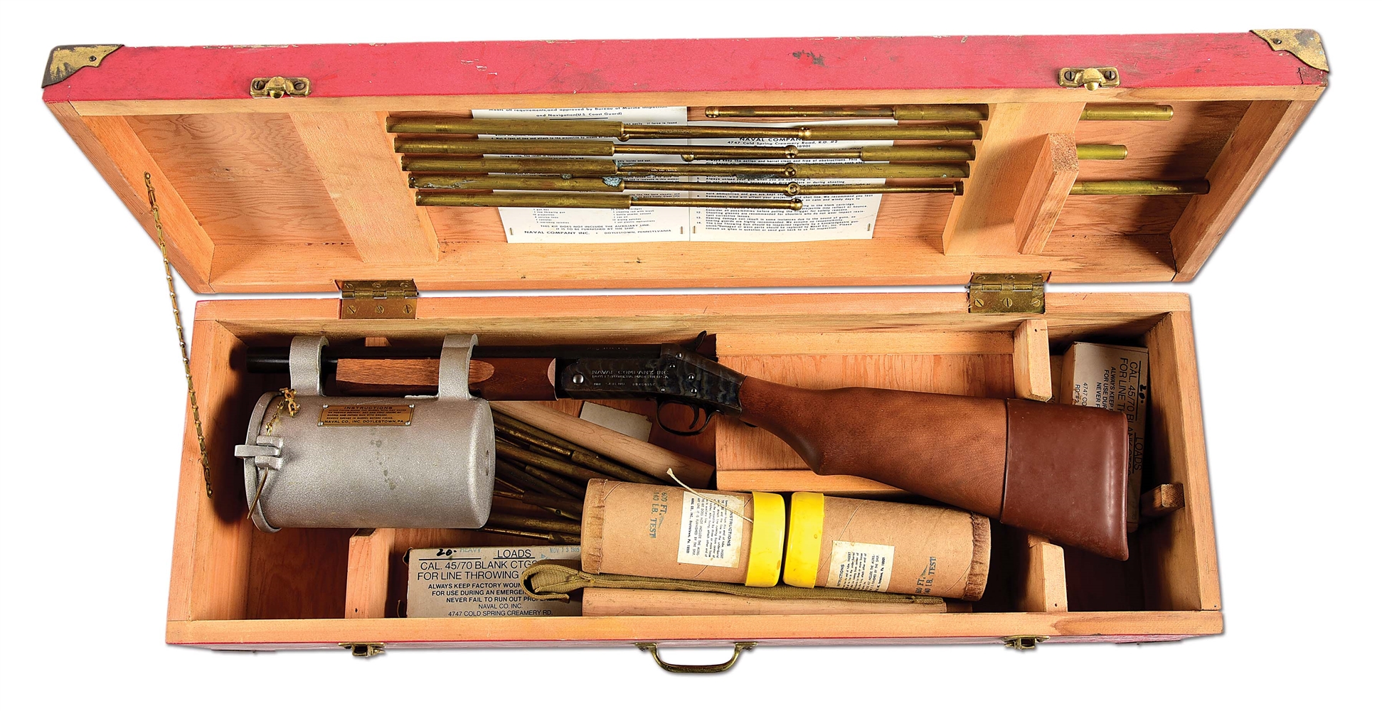 (M) CASED H&R NAVAL COMPANY BRIDGER 85 LINE THROWING GUN WITH ACCESSORIES.