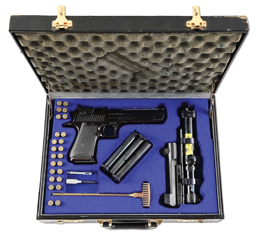 (M) IMI / MAGNUM RESEARCH POLISHED BLUE DESERT EAGLE WITH LEATHER CASE & ACCESSORIES.