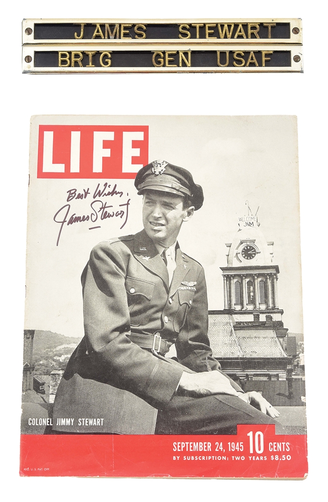 LOT OF 2: LIFE MAGAZINE SIGNED BY JIMMY STEWART AND JIMMY STEWART DESK PLAQUE.