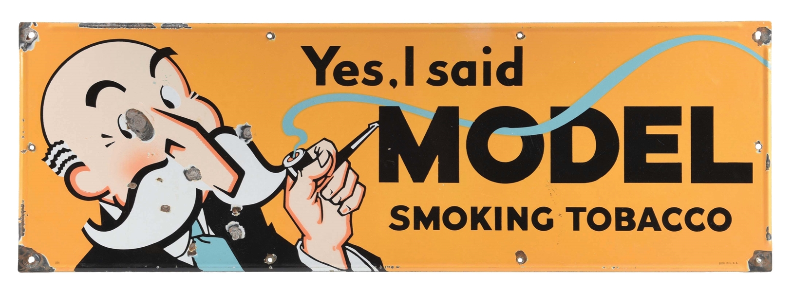 SINGLE SIDED PORCELAIN MODEL SMOKING TOBACCO SIGN.