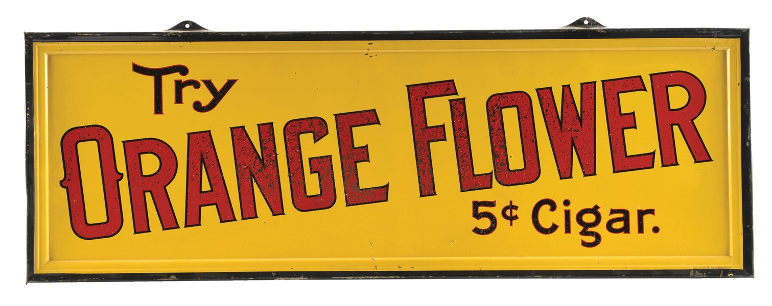 SELF FRAMED ORANGE FLOWER CIGAR SIGN.