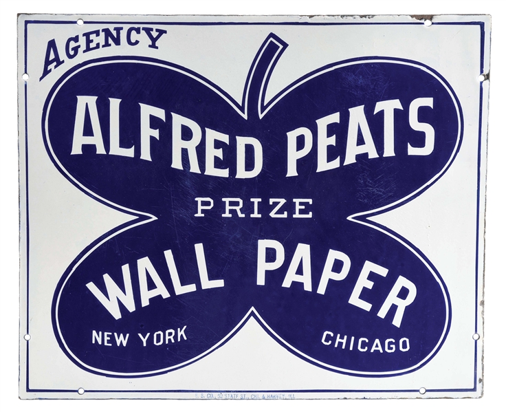 SINGLE SIDED PORCELAIN ALFRED PEATS WALL PAPER SIGN.