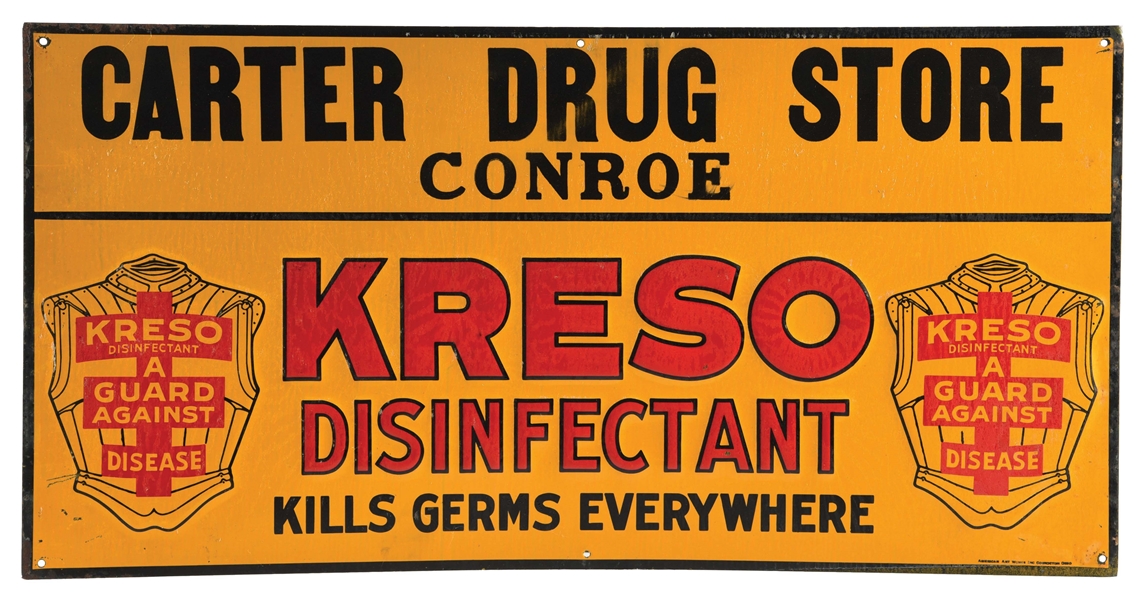 EMBOSSED TIN KRESO DISINFECTANT SIGN.