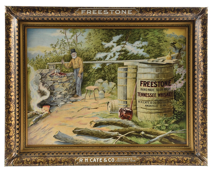 SELF FRAMED TIN PAINTED FREESTONE TENNESSEE WHISKEY SIGN.