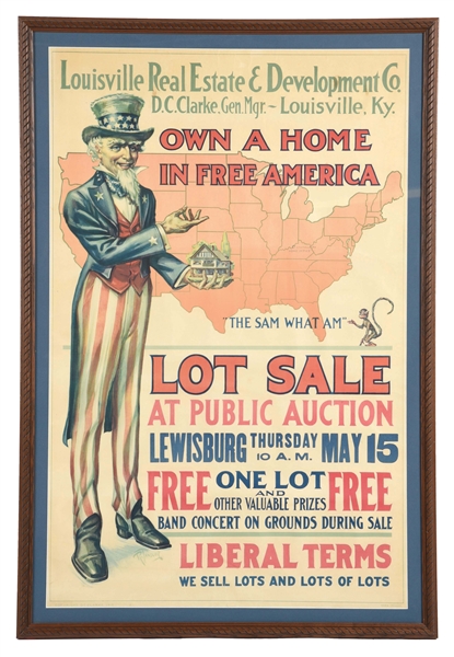 WONDERFUL PAPER LITHOGRAPH LOUISVILLE REAL ESTATE ADVERTISING SIGN.