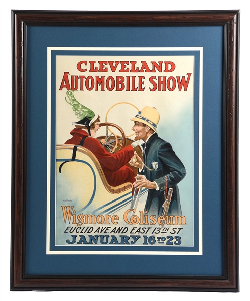 PAPER LITHOGRAPH CLEVELAND AUTOMOBILE SHOW ADVIRTISING SIGN.