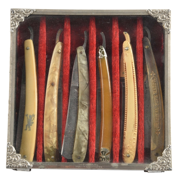 WONDERFUL SILVER AND GLASS STRAIGHT RAZOR EASEL BACK DISPLAY CASE.
