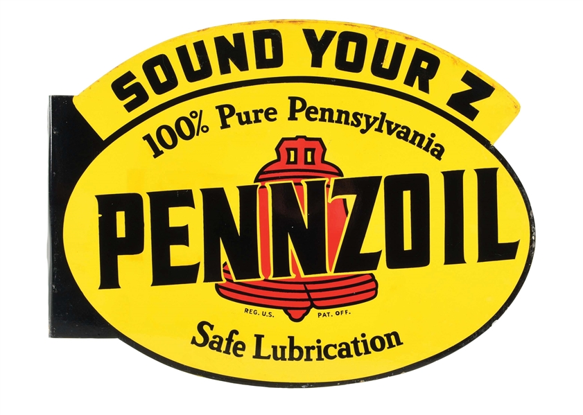 PENNZOIL "SOUND YOUR Z" MOTOR OIL TIN SERVICE STATION FLANGE SIGN. 