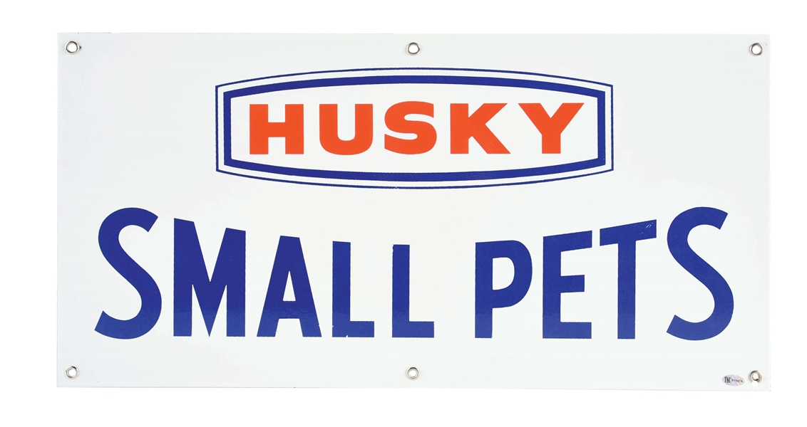 OUTSTANDING NEW OLD STOCK HUSKY "SMALL PETS" PORCELAIN SERVICE STATION SIGN.
