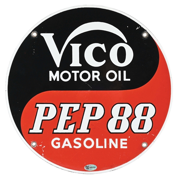 VICO MOTOR OIL & PEP 88 GASOLINE PORCELAIN PUMP PLATE SIGN. 