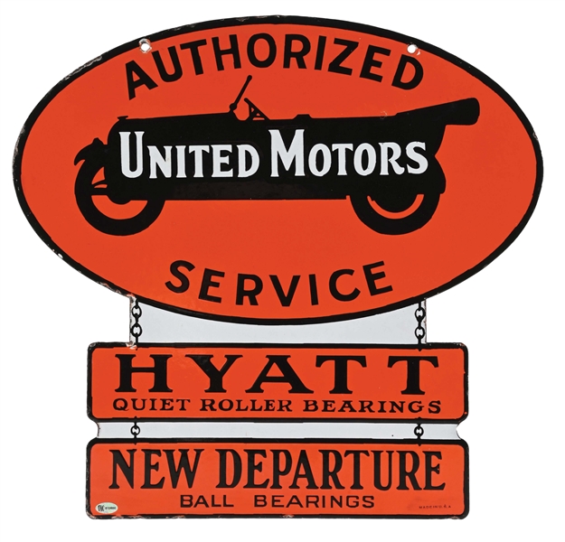 OUTSTANDING UNITED MOTORS SERVICE "TWO CHAIN" PORCELAIN SIGN W/ EARLY CAR GRAPHIC. 
