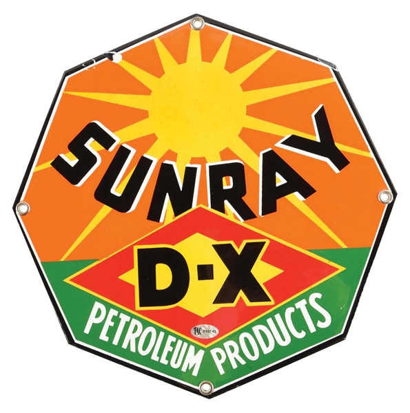 RARE 10.5" SUNRAY D-X PETROLEUM PRODUCTS PORCELAIN SIGN. 