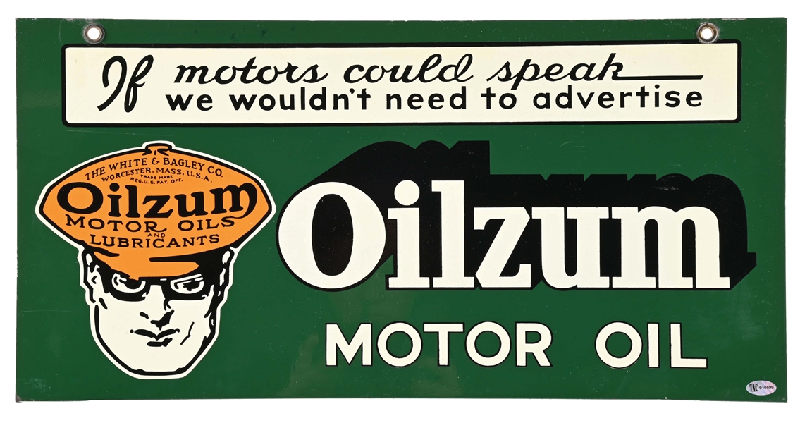 RARE OILZUM MOTOR OILS TIN CAN RACK TOPPER SIGN W/ OSWALD THE DRIVER GRAPHIC. 