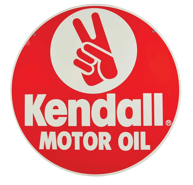 N.O.S. KENDALL MOTOR OIL TIN SERVICE STATION SIGN W/ HAND GRAPHIC. 