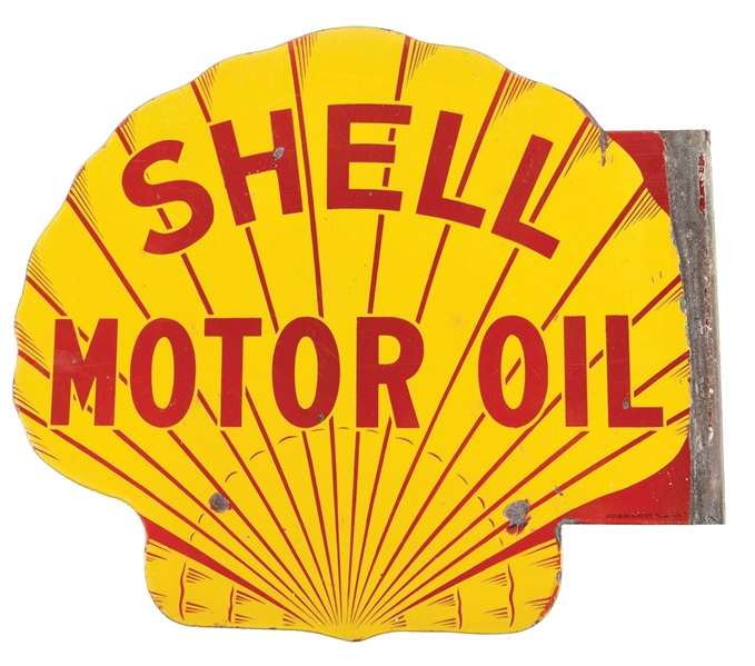 RARE SHELL MOTOR OIL PORCELAIN SERVICE STATION FLANGE SIGN. 