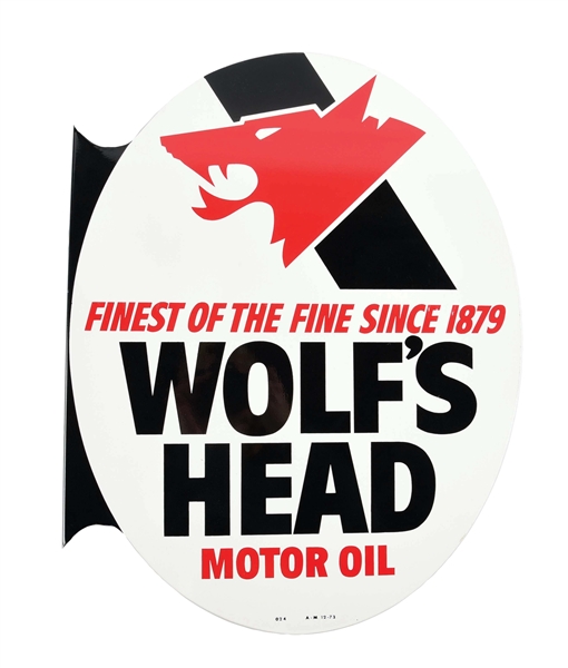 OUTSTANDING NEW OLD STOCK WOLFS HEAD MOTOR OIL TIN FLANGE SIGN. 
