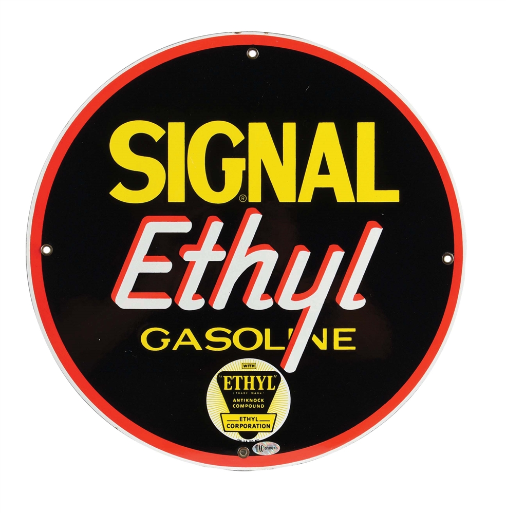SIGNAL ETHYL GASOLINE PORCELAIN PUMP PLATE SIGN W/ ETHYL BURST GRAPHIC. 