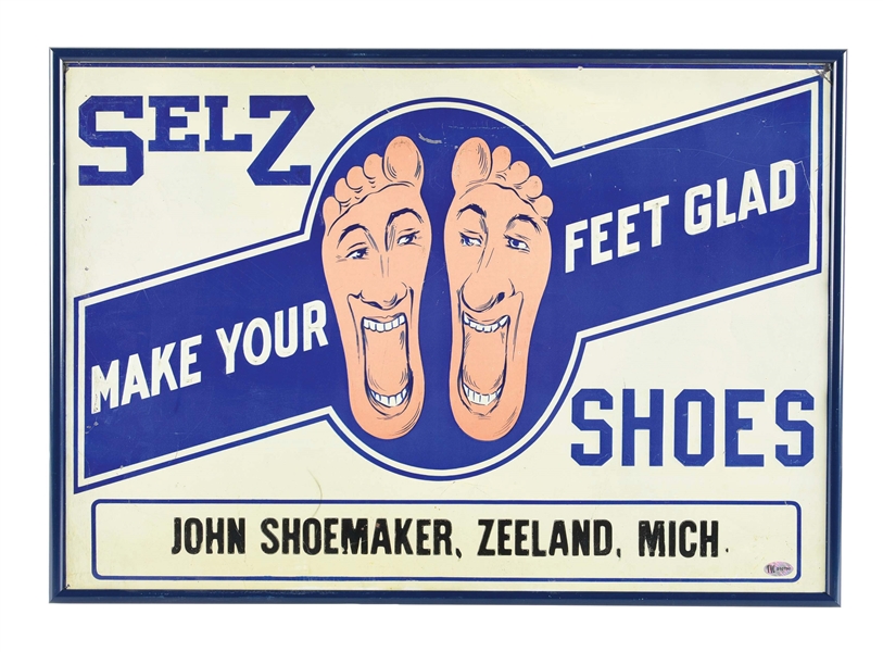 SELZ SHOES "MAKE YOUR FEET GLAD" EMBOSSED TIN SIGN W/ ADDED FRAME. 