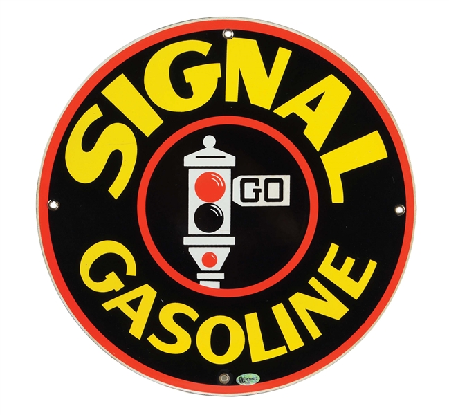 OUTSTANDING SIGNAL GASOLINE "RED LIGHT" PORCELAIN PUMP PLATE SIGN. 
