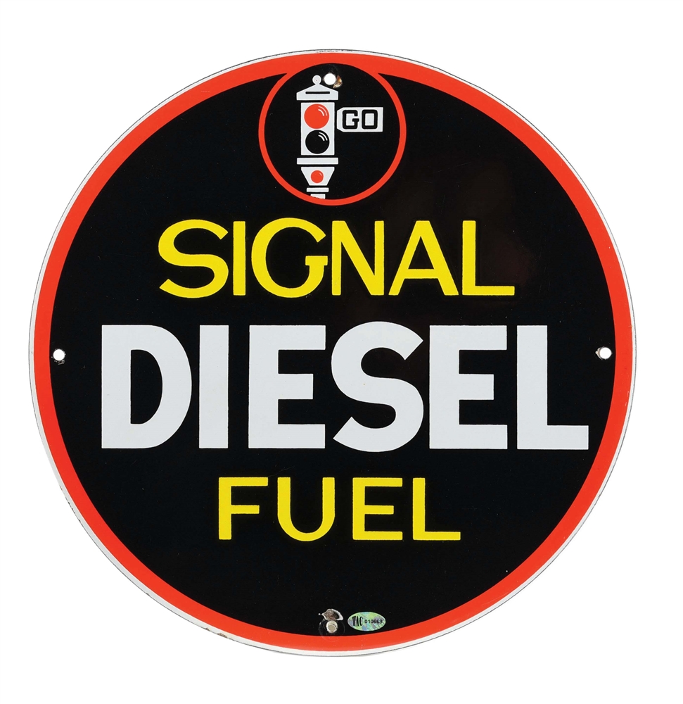 EXCEEDINGLY RARE SIGNAL DIESEL FUEL PORCELAIN PUMP PLATE SIGN W/ STOP LIGHT GRAPHIC. 