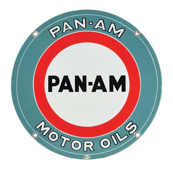 RARE PAN AM MOTOR OILS PORCELAIN SERVICE STATION OIL CART SIGN.