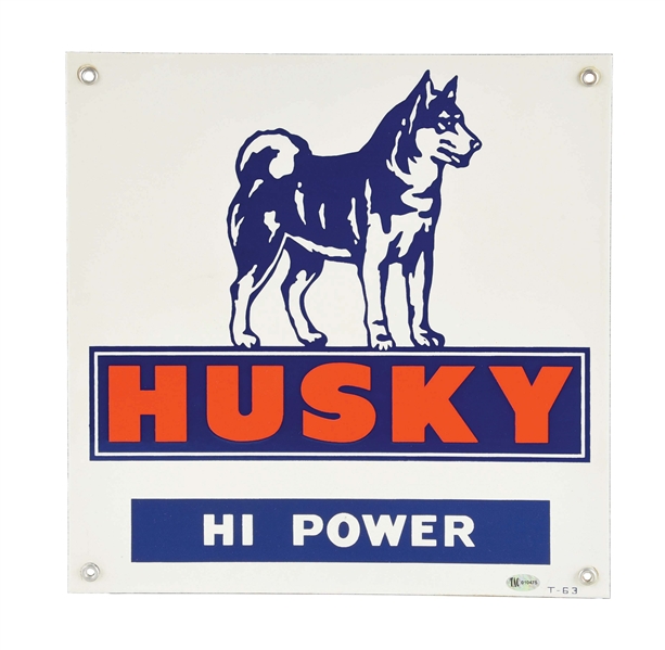 HUSKY HI POWER GASOLINE PORCELAIN PUMP PLATE SIGN W/ HUSKY DOG GRAPHIC. 