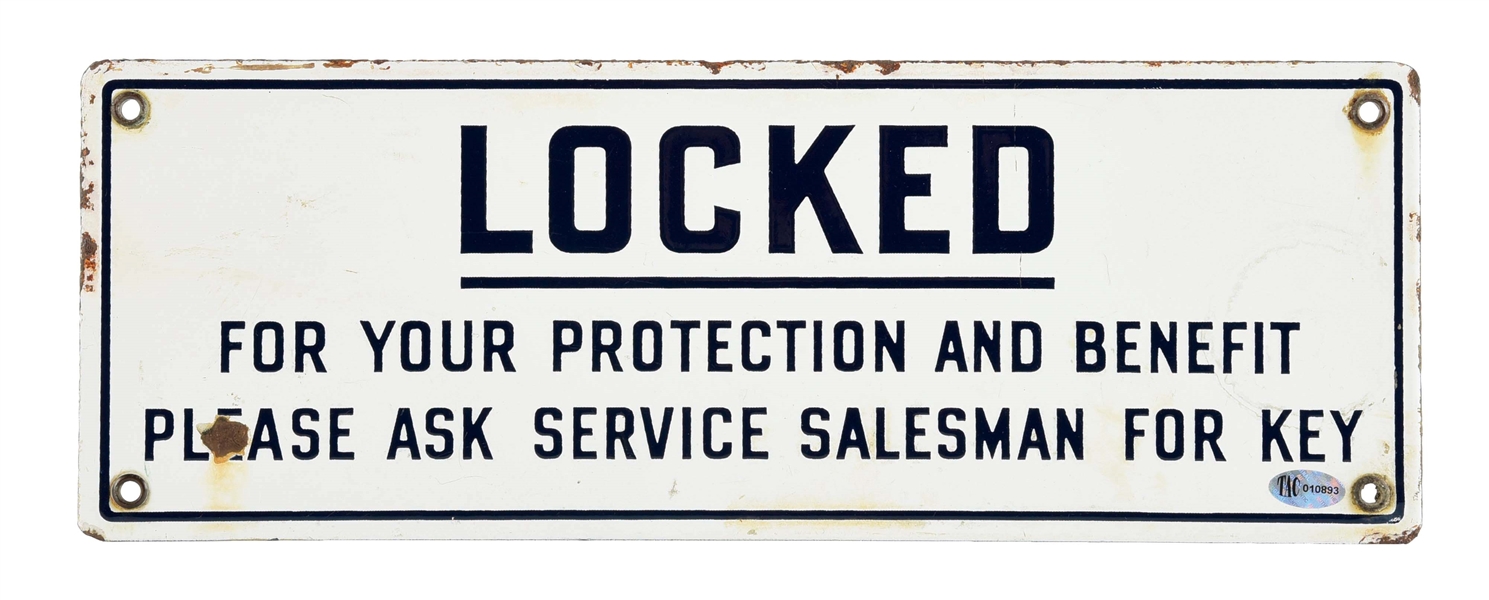 GULF GASOLINE "LOCKED FOR YOUR PROTECTION" PORCELAIN SERVICE STATION REST ROOM SIGN. 
