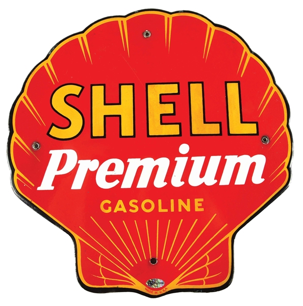 SHELL PREMIUM GASOLINE PORCELAIN PUMP PLATE SIGN. 