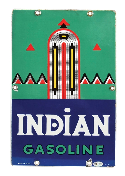 INDIAN GASOLINE 12" PORCELAIN PUMP PLATE SIGN W/ BEAD WORK GRAPHIC. 