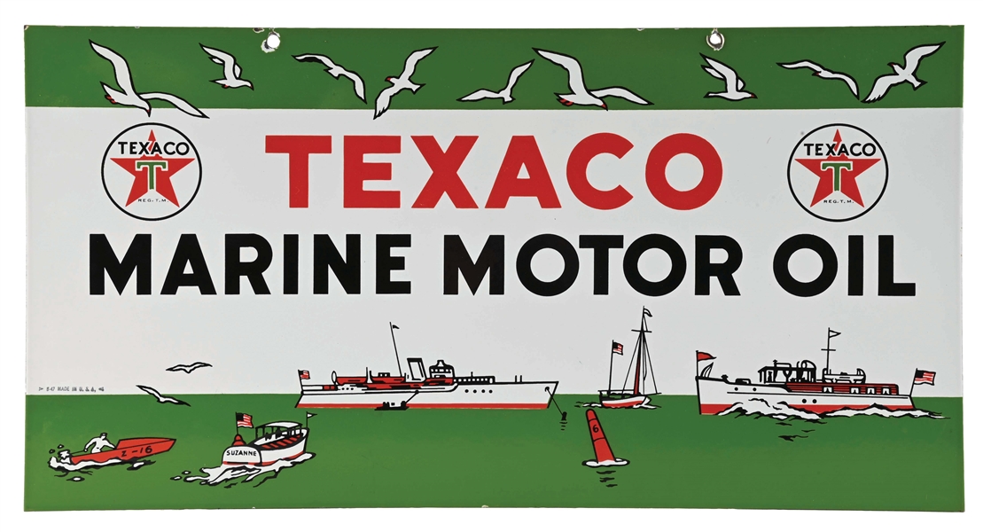 N.O.S. TEXACO MARINE MOTOR OIL PORCELAIN SIGN W/ ICONIC OCEAN SCENE GRAPHIC. 