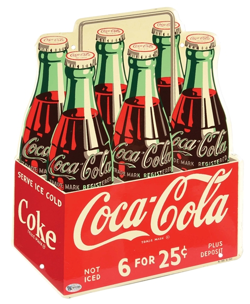 OUSTANDING COCA-COLA SIX-PACK TIN SIGN W/ SELF FRAMED ROLLED OUTER EDGE.