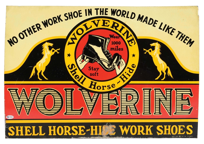 WOLVERINE HORSEHIDE WORK SHOES TIN SIGN W/ HORSE GRAPHICS. 