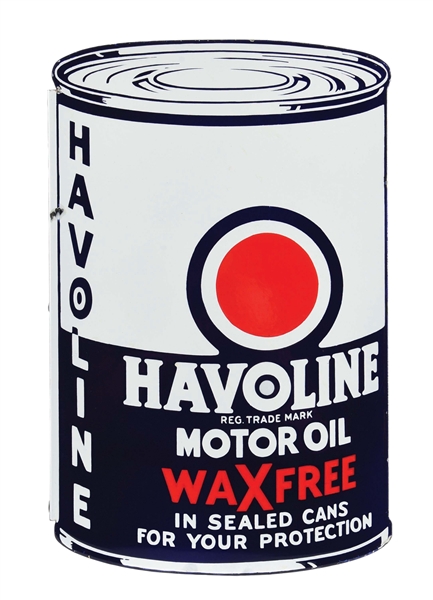 OUTSTANDING HAVOLINE WAX FREE MOTOR OIL PORCELAIN SERVICE STATION FLANGE SIGN. 