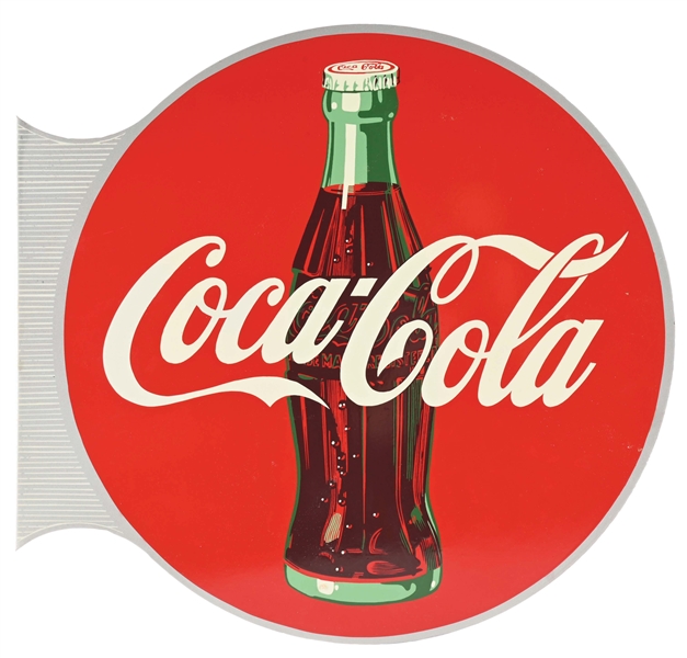 RARE & OUTSTANDING COCA COLA TIN FLANGE SIGN W/ DETAILED BOTTLE GRAPHIC. 