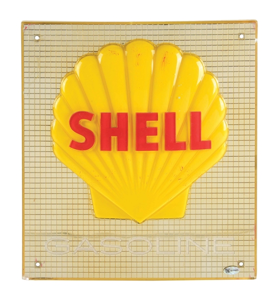 SHELL GASOLINE EMBOSSED PLASTIC THREE DIMENSIONAL PUMP PLATE W/ SCALLOP SHELL GRAPHIC. 