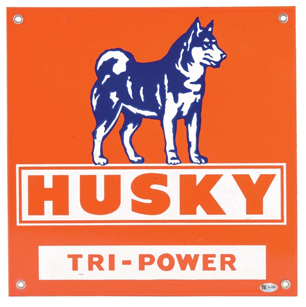 HUSKY TRI-POWER GASOLINE PORCELAIN PUMP PLATE W/ HUSKY DOG GRPAHIC.