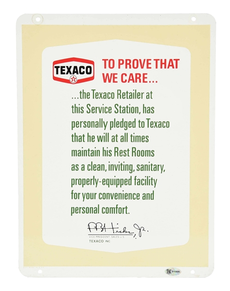 TEXACO "TO PROVE THAT WE CARE" TIN SERVICE STATION RESTROOM SIGN.