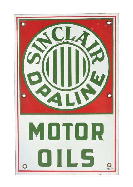 SINCLAIR OPALINE MOTOR OILS PORCELAIN OIL CART SIGN. 