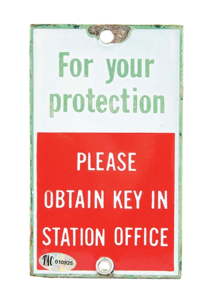 SCARCE ASSOCIATED OIL COMPANY "FOR YOUR PROTECTION" PORCELAIN SERVICE STATION RESTROOM SIGN. 