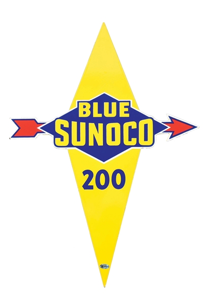 SUNOCO BLUE 200 GASOLINE PORCELAIN PUMP PLATE SIGN W/ ARROW GRAPHIC. 