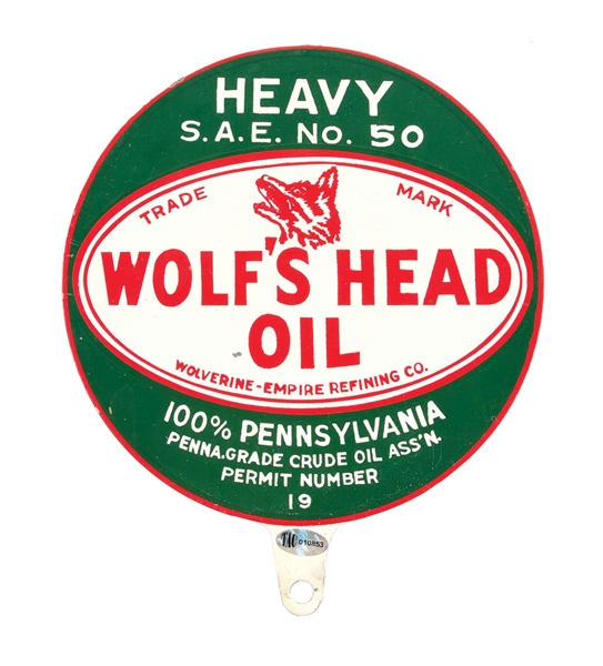 WOLFS HEAD MOTOR OILS NEW OLD STOCK TIN PADDLE SIGN. 