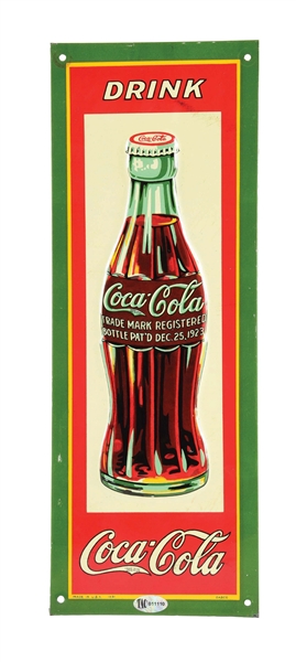 DRINK COCA-COLA EMBOSSED TIN DOOR PUSH W/ BOTTLE GRAPHIC. 