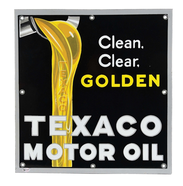 INCREDIBLE TEXACO CLEAN, CLEAR, GOLDEN MOTOR OIL PORCELAIN SERVICE STATION SIGN. 