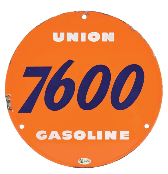 SCARCE UNION 7600 GASOLINE 9" PORCELAIN PUMP PLATE SIGN. 