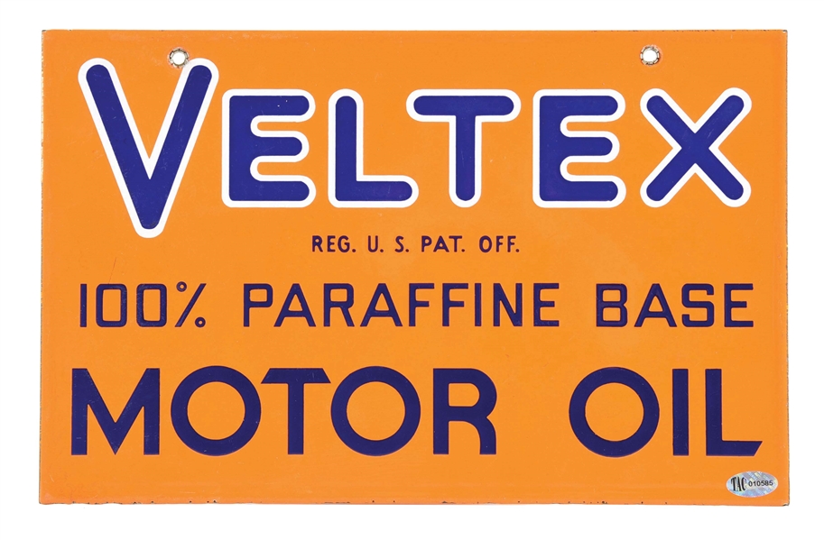 OUTSTANDING VELTEX MOTOR OILS PORCELAIN OIL CAN RACK SIGN. 