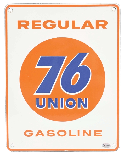UNUSUAL UNION 76 REGULAR GASOLINE PORCELAIN PUMP PLATE SIGN. 